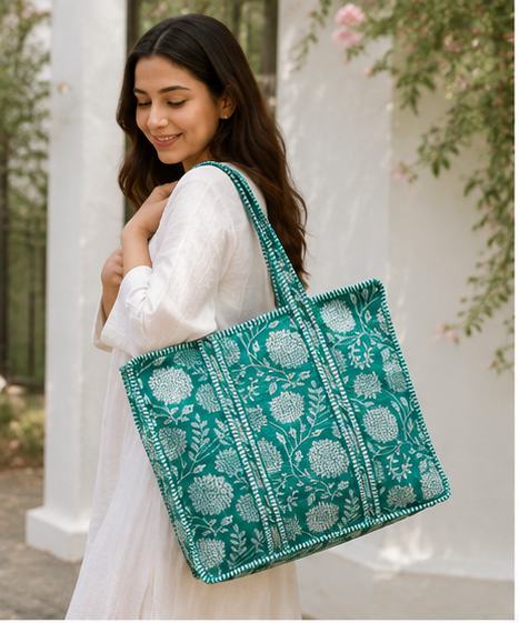 Handmade Cotton Tote Bag with Zip Closure, Large Shoulder Bag - kraafty-com