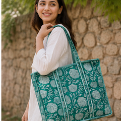 Handmade Cotton Tote Bag with Zip Closure, Large Shoulder Bag - kraafty-com