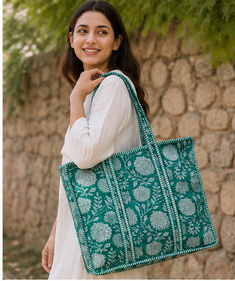 Handmade Cotton Tote Bag with Zip Closure, Large Shoulder Bag - kraafty-com