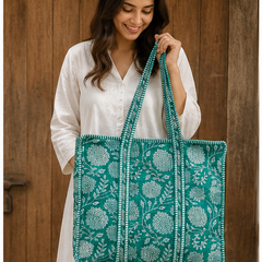 Handmade Cotton Tote Bag with Zip Closure, Large Shoulder Bag - kraafty-com
