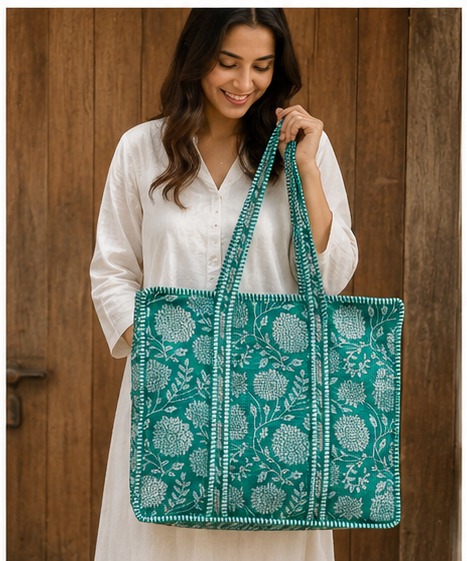 Handmade Cotton Tote Bag with Zip Closure, Large Shoulder Bag - kraafty-com