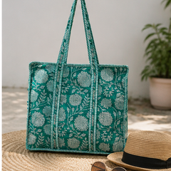 Handmade Cotton Tote Bag with Zip Closure, Large Shoulder Bag - kraafty-com