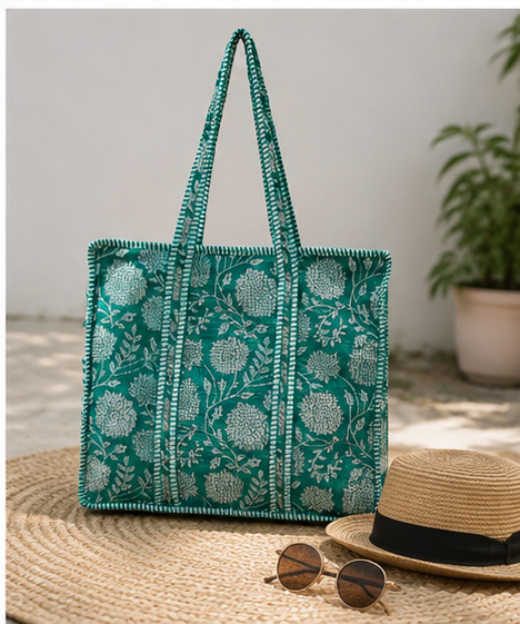 Handmade Cotton Tote Bag with Zip Closure, Large Shoulder Bag - kraafty-com
