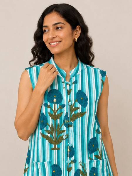Cotton Kantha Quilt Jacket for Women | Reversible Handmade Boho Teal Jacket - kraafty-com