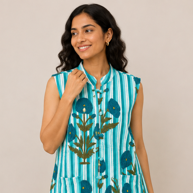 Cotton Kantha Quilt Jacket for Women | Reversible Handmade Boho Teal Jacket - kraafty-com