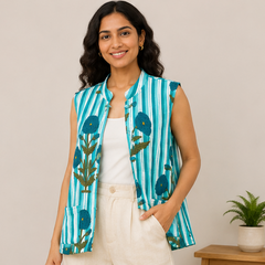 Cotton Kantha Quilt Jacket for Women | Reversible Handmade Boho Teal Jacket - kraafty-com
