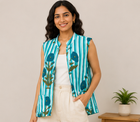 Cotton Kantha Quilt Jacket for Women | Reversible Handmade Boho Teal Jacket - kraafty-com