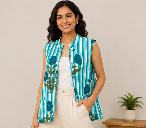 Cotton Kantha Quilt Jacket for Women | Reversible Handmade Boho Teal Jacket - kraafty-com