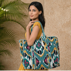 Quilted Cotton Green Tote Bag | Hand-Printed Reversible Beach Bag for Women - kraafty-com
