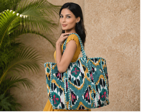 Quilted Cotton Green Tote Bag | Hand-Printed Reversible Beach Bag for Women - kraafty-com