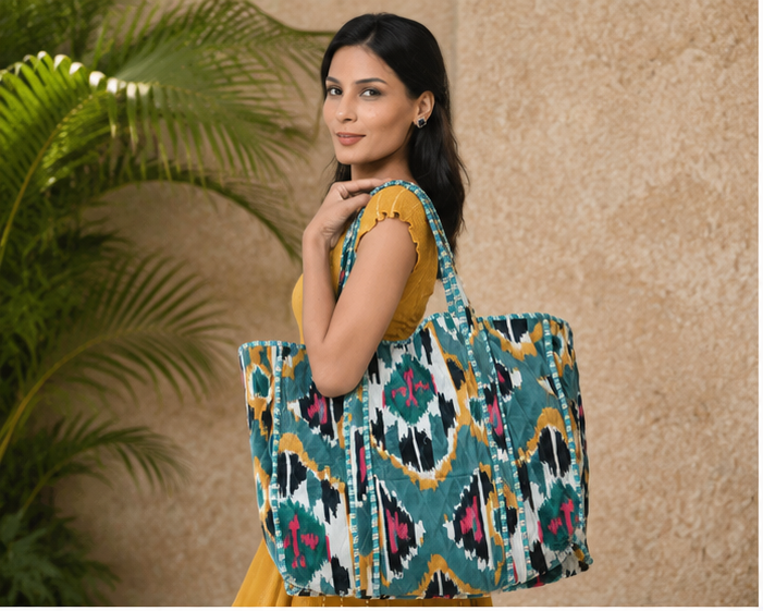 Quilted Cotton Green Tote Bag | Hand-Printed Reversible Beach Bag for Women - kraafty-com