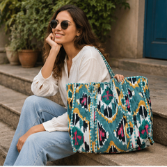 Quilted Cotton Green Tote Bag | Hand-Printed Reversible Beach Bag for Women - kraafty-com