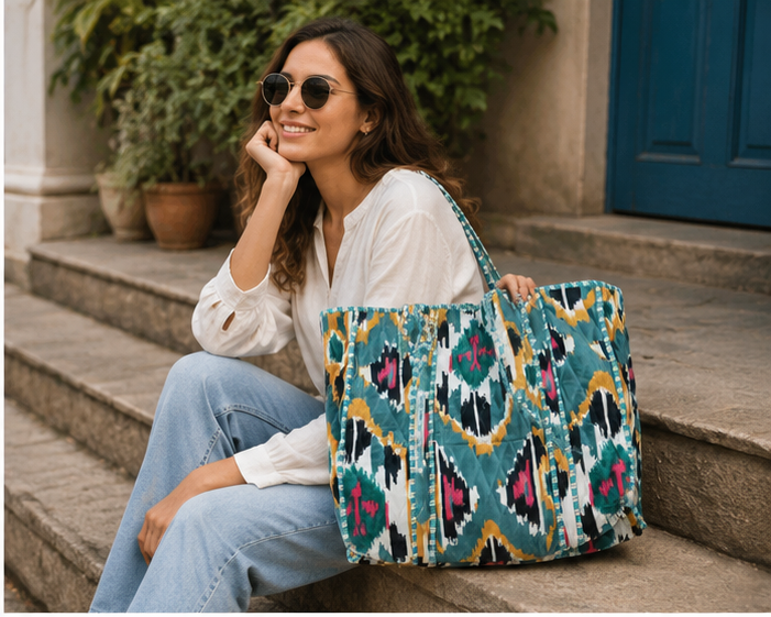 Quilted Cotton Green Tote Bag | Hand-Printed Reversible Beach Bag for Women - kraafty-com