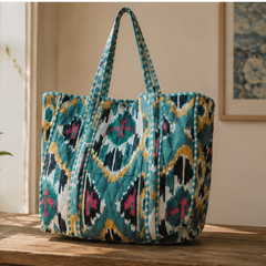 Quilted Cotton Green Tote Bag | Hand-Printed Reversible Beach Bag for Women - kraafty-com