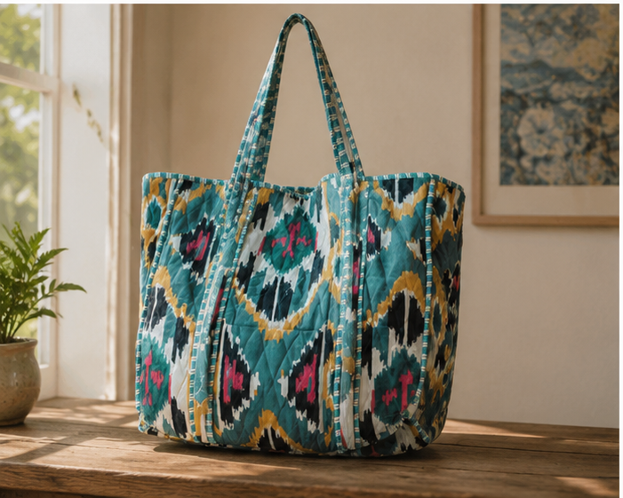 Quilted Cotton Green Tote Bag | Hand-Printed Reversible Beach Bag for Women - kraafty-com