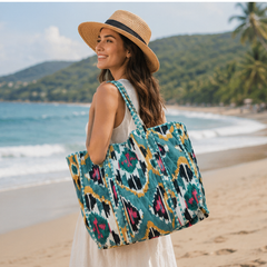 Quilted Cotton Green Tote Bag | Hand-Printed Reversible Beach Bag for Women - kraafty-com