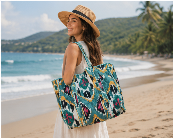 Quilted Cotton Green Tote Bag | Hand-Printed Reversible Beach Bag for Women - kraafty-com