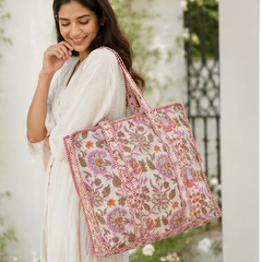 Indian Handmade Cotton Quilted Tote Bag with Zip, Shoulder Bag - kraafty-com