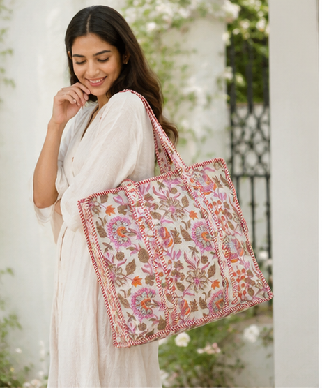 Indian Handmade Cotton Quilted Tote Bag with Zip, Shoulder Bag - kraafty-com
