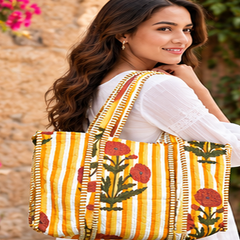 Cotton Quilted Tote Bag with Interior Pocket, Yellow Handmade for Women - kraafty-com