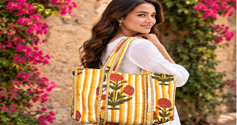 Cotton Quilted Tote Bag with Interior Pocket, Yellow Handmade for Women - kraafty-com