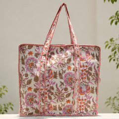Indian Handmade Cotton Quilted Tote Bag with Zip, Shoulder Bag - kraafty-com