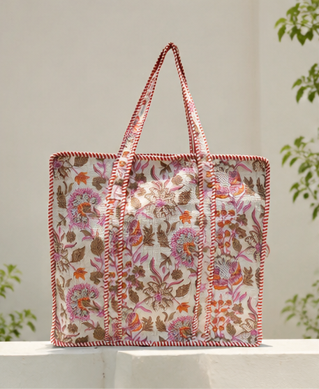Indian Handmade Cotton Quilted Tote Bag with Zip, Shoulder Bag - kraafty-com
