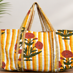 Cotton Quilted Tote Bag with Interior Pocket, Yellow Handmade for Women - kraafty-com