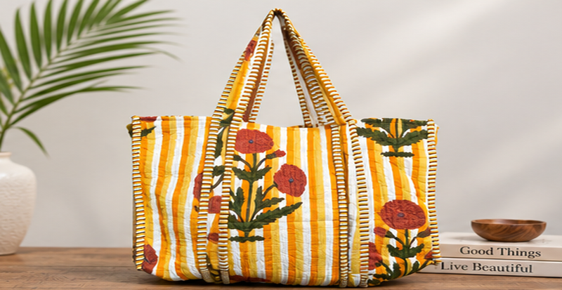 Cotton Quilted Tote Bag with Interior Pocket, Yellow Handmade for Women - kraafty-com