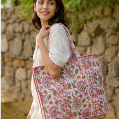 Indian Handmade Cotton Quilted Tote Bag with Zip, Shoulder Bag - kraafty-com
