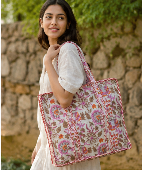 Indian Handmade Cotton Quilted Tote Bag with Zip, Shoulder Bag - kraafty-com