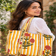 Cotton Quilted Tote Bag with Interior Pocket, Yellow Handmade for Women - kraafty-com
