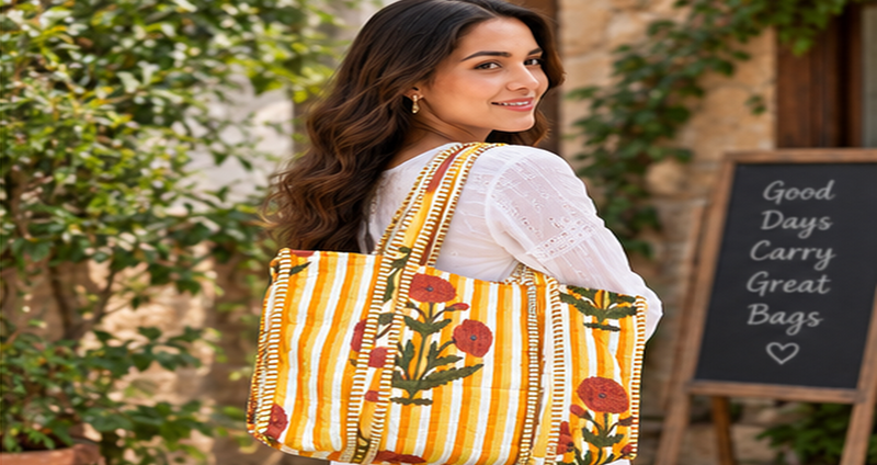 Cotton Quilted Tote Bag with Interior Pocket, Yellow Handmade for Women - kraafty-com