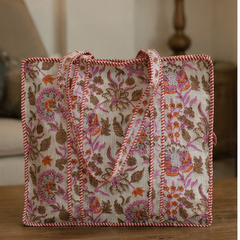 Indian Handmade Cotton Quilted Tote Bag with Zip, Shoulder Bag - kraafty-com