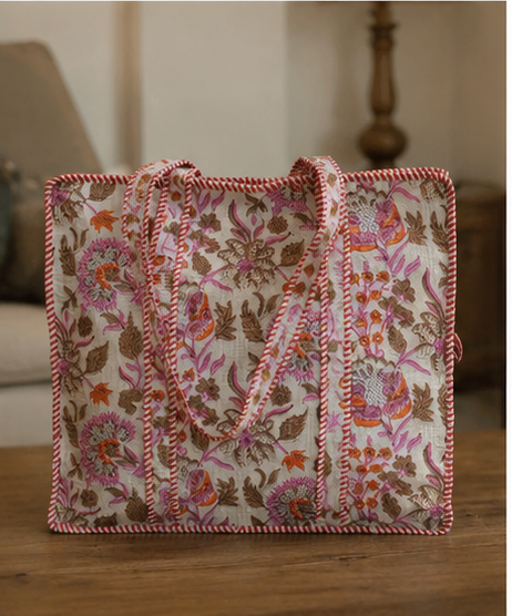 Indian Handmade Cotton Quilted Tote Bag with Zip, Shoulder Bag - kraafty-com
