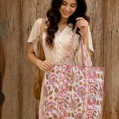 Indian Handmade Cotton Quilted Tote Bag with Zip, Shoulder Bag - kraafty-com