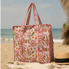 Indian Handmade Cotton Quilted Tote Bag with Zip, Shoulder Bag - kraafty-com