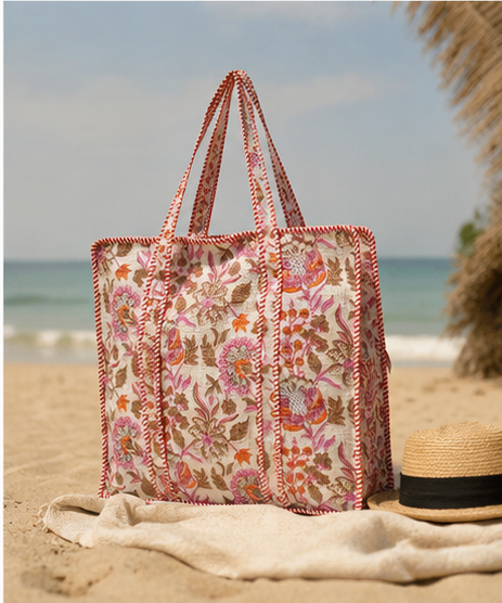 Indian Handmade Cotton Quilted Tote Bag with Zip, Shoulder Bag - kraafty-com