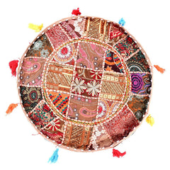 Handmade Bohemian Patchwork Cotton Ottoman Pouf Cover - Multicolor Traditional Khambariya Embroidered Indian Floor Pillow