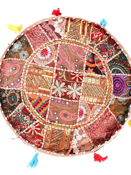 Handmade Bohemian Patchwork Cotton Ottoman Pouf Cover - Multicolor Traditional Khambariya Embroidered Indian Floor Pillow, Vintage Footstool, Hippie Gypsy Home Decor - 1