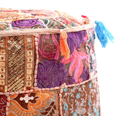 Handmade Bohemian Patchwork Cotton Ottoman Pouf Cover - Multicolor Traditional Khambariya Embroidered Indian Floor Pillow