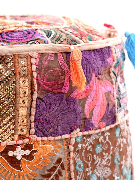 Handmade Bohemian Patchwork Cotton Ottoman Pouf Cover - Multicolor Traditional Khambariya Embroidered Indian Floor Pillow, Vintage Footstool, Hippie Gypsy Home Decor - 1
