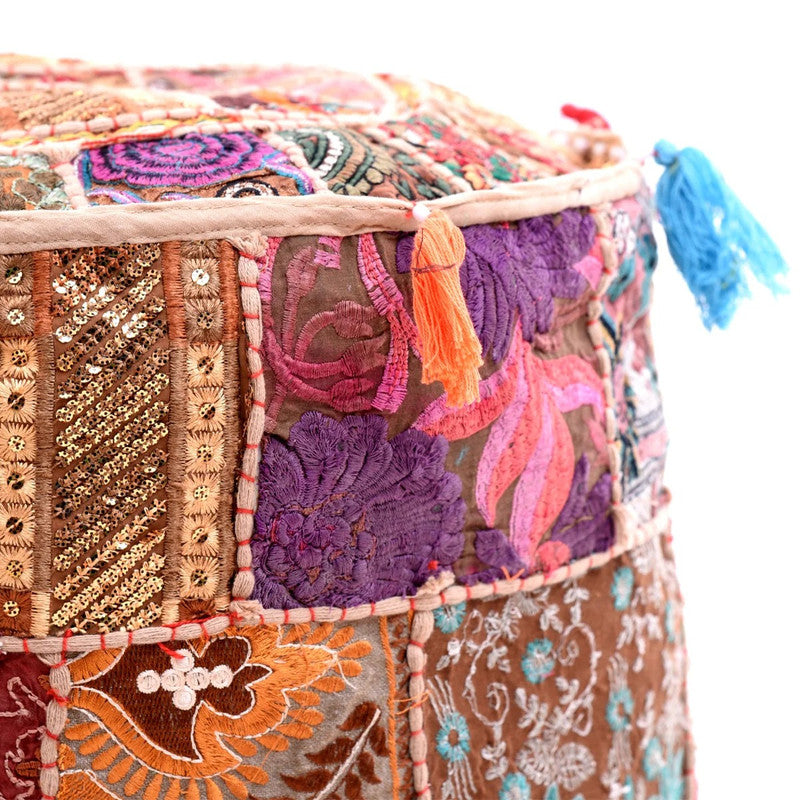 Handmade Bohemian Patchwork Cotton Ottoman Pouf Cover - Multicolor Traditional Khambariya Embroidered Indian Floor Pillow