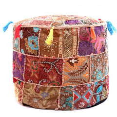 Handmade Bohemian Patchwork Cotton Ottoman Pouf Cover - Multicolor Traditional Khambariya Embroidered Indian Floor Pillow
