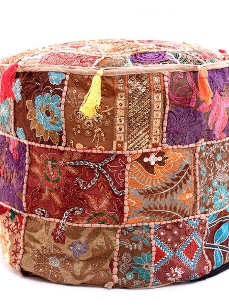 Handmade Bohemian Patchwork Cotton Ottoman Pouf Cover - Multicolor Traditional Khambariya Embroidered Indian Floor Pillow, Vintage Footstool, Hippie Gypsy Home Decor - 1