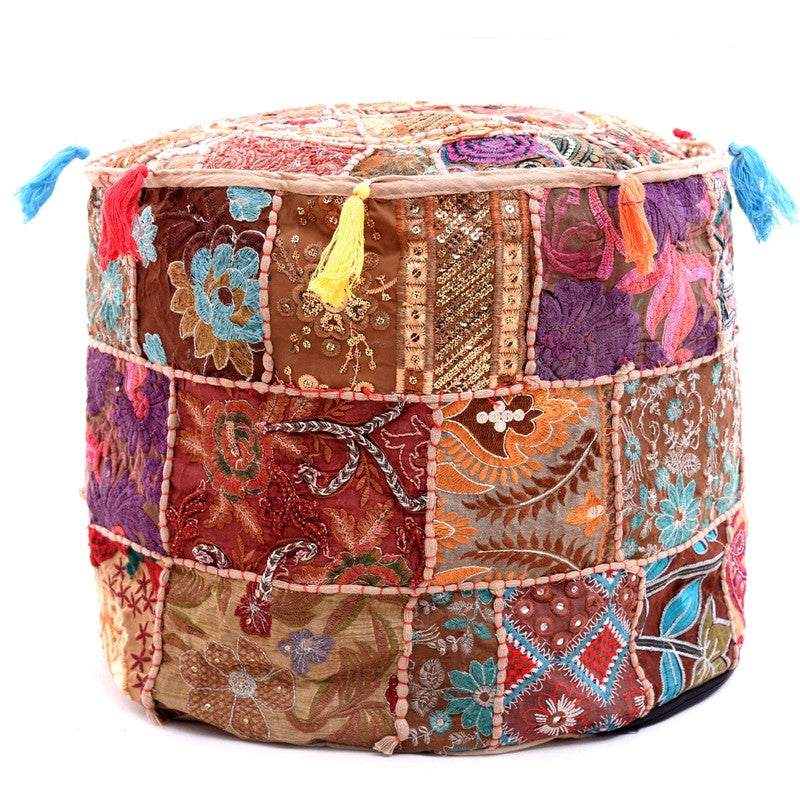 Handmade Bohemian Patchwork Cotton Ottoman Pouf Cover - Multicolor Traditional Khambariya Embroidered Indian Floor Pillow