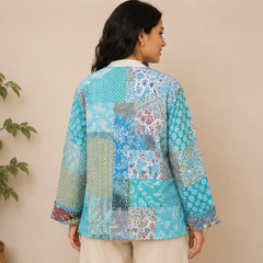 Cotton Kantha Quilt Aqua Jacket for Women – Patchwork & Handmade Coat - kraafty-com
