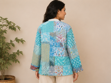 Cotton Kantha Quilt Aqua Jacket for Women – Patchwork & Handmade Coat - kraafty-com