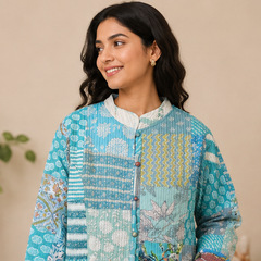 Cotton Kantha Quilt Aqua Jacket for Women – Patchwork & Handmade Coat - kraafty-com
