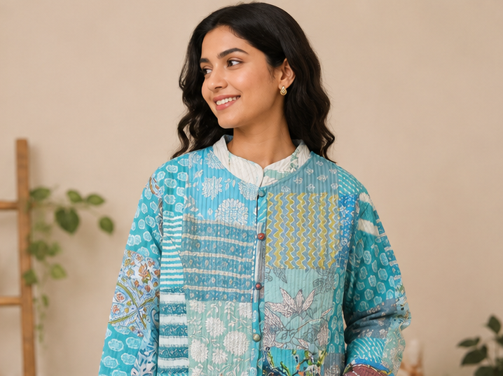 Cotton Kantha Quilt Aqua Jacket for Women – Patchwork & Handmade Coat - kraafty-com